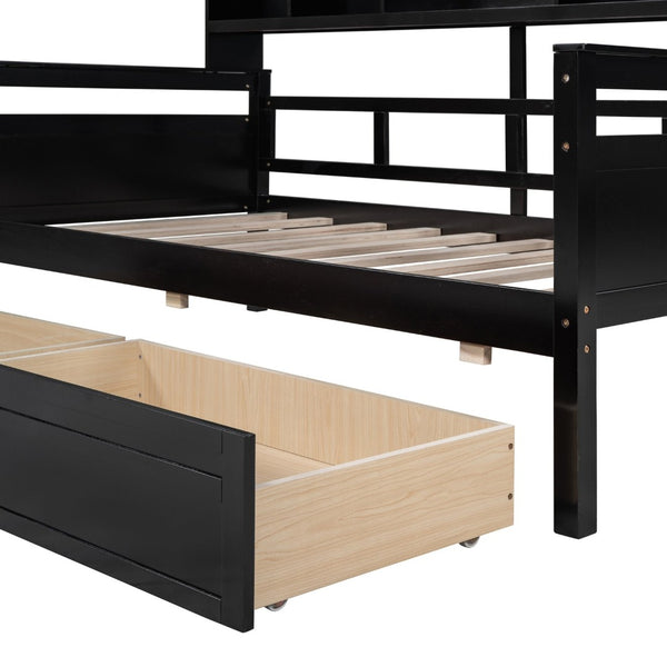 English Elm Twin Daybed with Under Bed Drawers and Built in Shelf Solid Pine Wood Frame Espresso N708P245183P