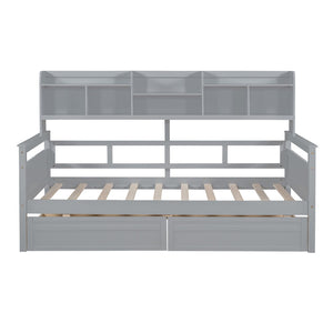 English Elm Twin Daybed with Under Bed Drawers and Built in Shelf Solid Pine Wood Frame Gray N708P245183E