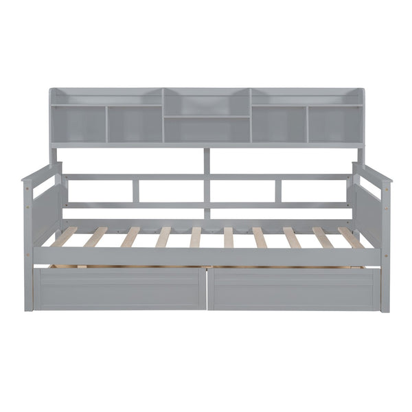 English Elm Twin Daybed with Under Bed Drawers and Built in Shelf Solid Pine Wood Frame Gray N708P245183E