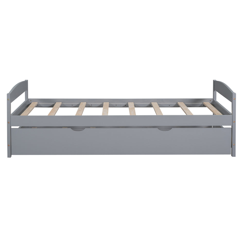 English Elm Twin Platform Bed with Trundle for Space-Saving Guest Sleepovers Durable Pine-MDF Twin Frame Gray WF313279AAE
