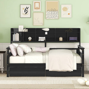 English Elm Twin Daybed with Under Bed Drawers and Built in Shelf Solid Pine Wood Frame Espresso N708P245183P