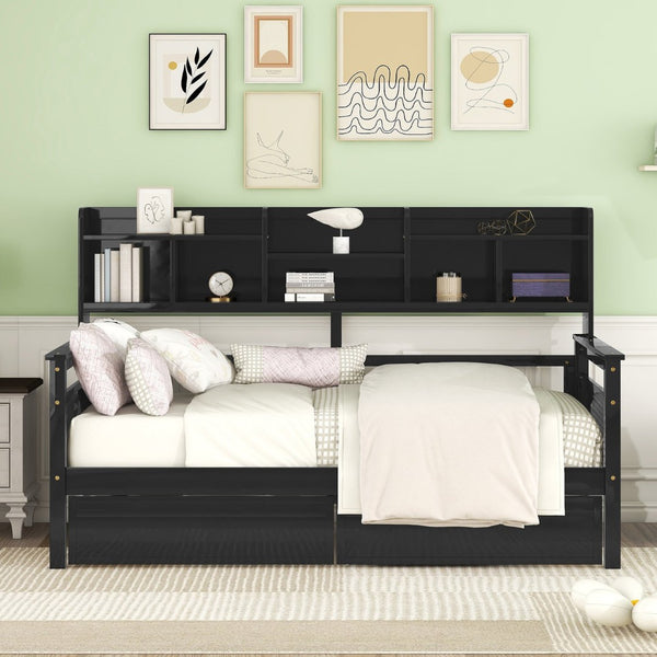 English Elm Twin Daybed with Under Bed Drawers and Built in Shelf Solid Pine Wood Frame Espresso N708P245183P