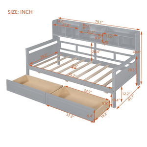 English Elm Twin Daybed with Under Bed Drawers and Built in Shelf Solid Pine Wood Frame Gray N708P245183E