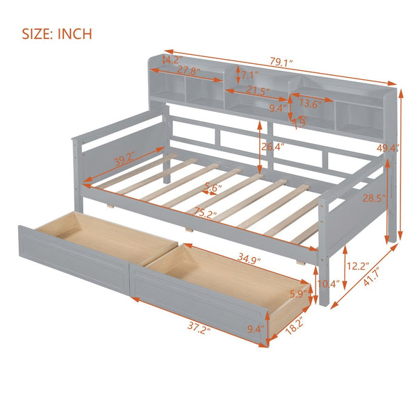 English Elm Twin Daybed with Under Bed Drawers and Built in Shelf Solid Pine Wood Frame Gray N708P245183E
