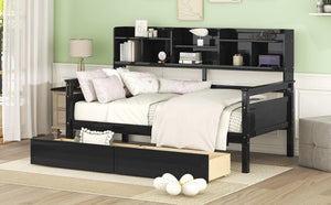 English Elm Twin Daybed with Under Bed Drawers and Built in Shelf Solid Pine Wood Frame Espresso N708P245183P
