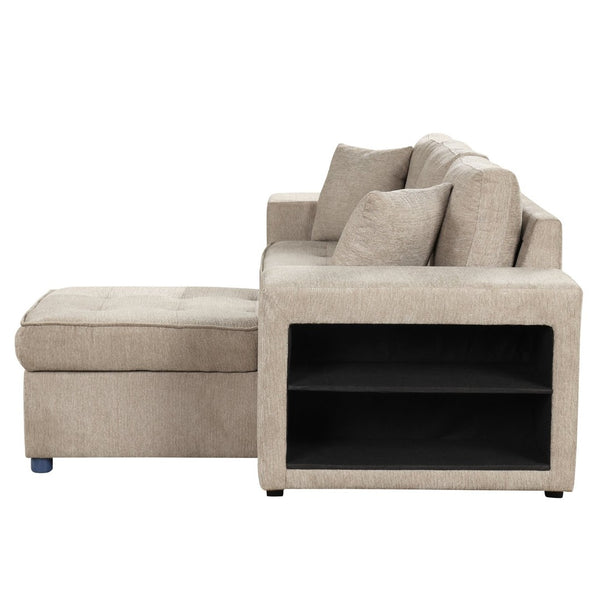 English Elm 104.5" Reversible L-shaped Sectional Sleeper Sofa with Storage Chaise and Linen Chenille Fabric Cream SG000432AAA