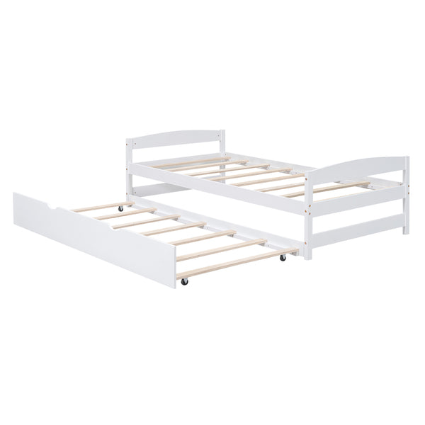 English Elm Twin Platform Bed with Trundle for Space-Saving Guest Sleepovers Durable Pine-MDF Twin Frame White WF313279AAK