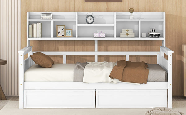 English Elm Twin Daybed with Under Bed Drawers and Built in Shelf Solid Pine Wood Frame N708P245183K