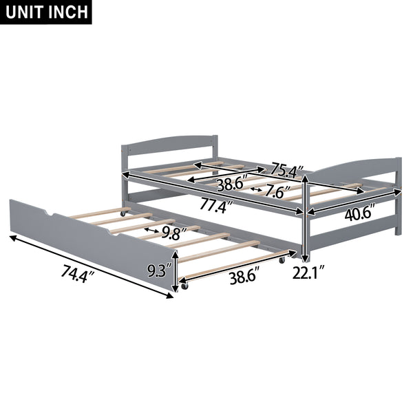 English Elm Twin Platform Bed with Trundle for Space-Saving Guest Sleepovers Durable Pine-MDF Twin Frame Gray WF313279AAE