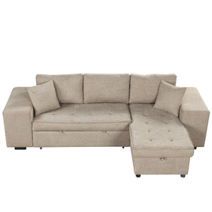 English Elm 104.5" Reversible L-shaped Sectional Sleeper Sofa with Storage Chaise and Linen Chenille Fabric Cream SG000432AAA