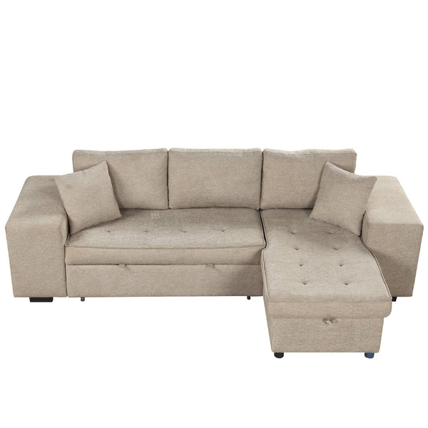 English Elm 104.5" Reversible L-shaped Sectional Sleeper Sofa with Storage Chaise and Linen Chenille Fabric Cream SG000432AAA