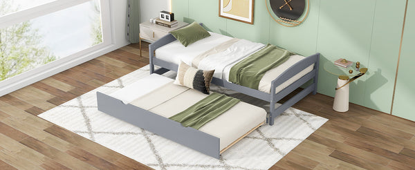 English Elm Twin Platform Bed with Trundle for Space-Saving Guest Sleepovers Durable Pine-MDF Twin Frame Gray WF313279AAE