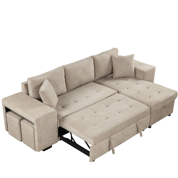 English Elm 104.5" Reversible L-shaped Sectional Sleeper Sofa with Storage Chaise and Linen Chenille Fabric Cream SG000432AAA