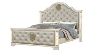 English Elm Jasmine King Tufted Upholstered LED Bed in Champagne Beige with Crystal Buttons & Geometric Trim 659436062214