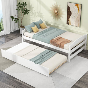 English Elm Twin Platform Bed with Trundle for Space-Saving Guest Sleepovers Durable Pine-MDF Twin Frame White WF313279AAK