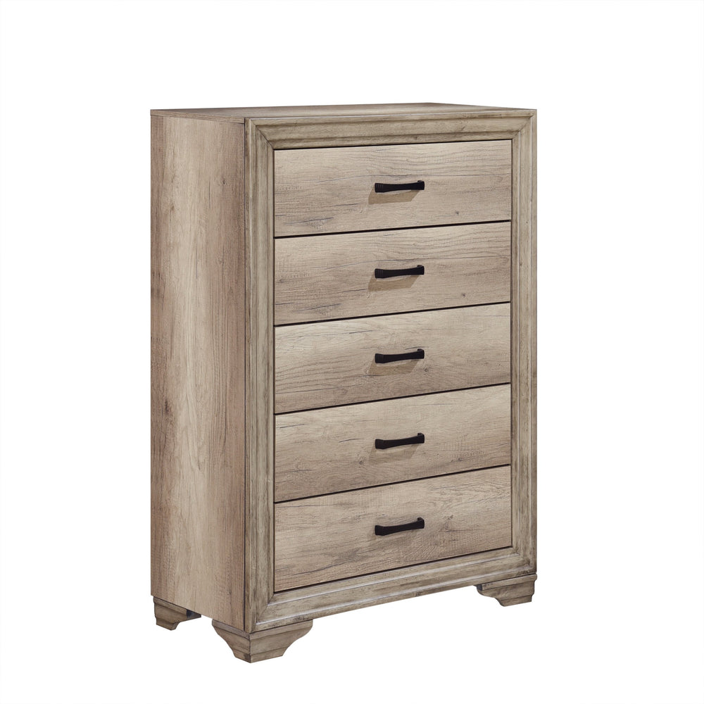 English Elm 1pc Natural Finish Chest of 5 Drawers with Black Hardware, Rustic Contemporary Bedroom Storage B011P146006