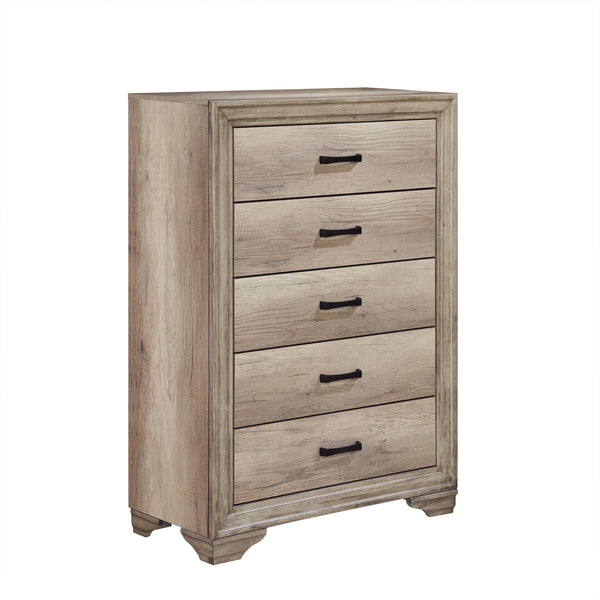 English Elm 1pc Natural Finish Chest of 5 Drawers with Black Hardware, Rustic Contemporary Bedroom Storage B011P146006