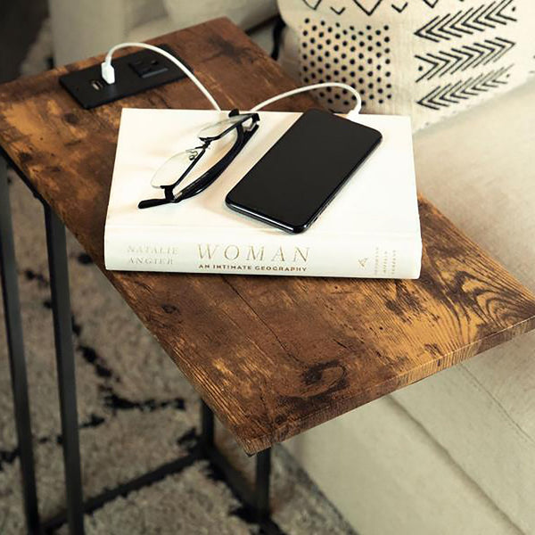 English Elm Gunmetal Rustic C-Shape Snack Table in Antique Brown with Power Outlet and Dual USB Charging Ports B062P145499