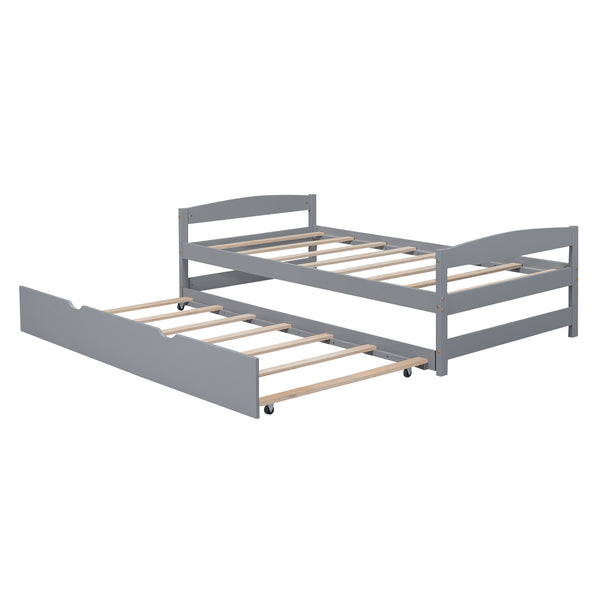English Elm Twin Platform Bed with Trundle for Space-Saving Guest Sleepovers Durable Pine-MDF Twin Frame Gray WF313279AAE