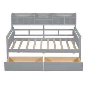 English Elm Twin Daybed with Under Bed Drawers and Built in Shelf Solid Pine Wood Frame Gray N708P245183E