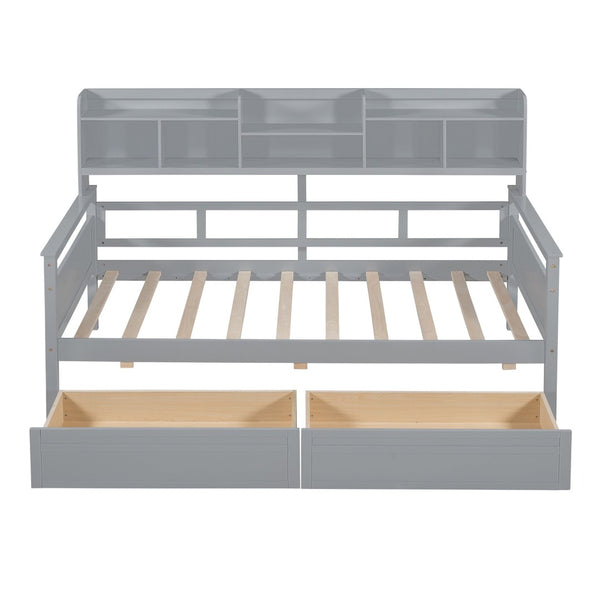 English Elm Twin Daybed with Under Bed Drawers and Built in Shelf Solid Pine Wood Frame Gray N708P245183E