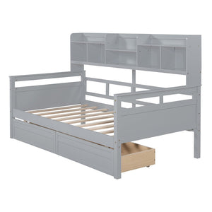English Elm Twin Daybed with Under Bed Drawers and Built in Shelf Solid Pine Wood Frame Gray N708P245183E