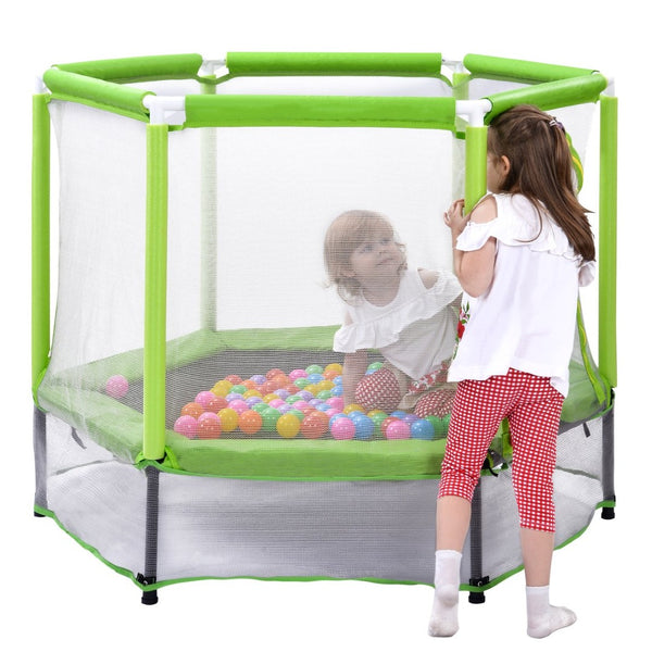 English Elm 55'' Kids Trampoline with Galvanized Steel Frame Foam Padded Enclosure and Ocean Balls Green MX314556AAF