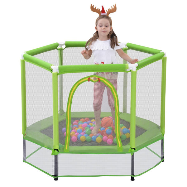 English Elm 55'' Kids Trampoline with Galvanized Steel Frame Foam Padded Enclosure and Ocean Balls Green MX314556AAF