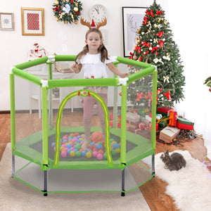 English Elm 55'' Kids Trampoline with Galvanized Steel Frame Foam Padded Enclosure and Ocean Balls Green MX314556AAF