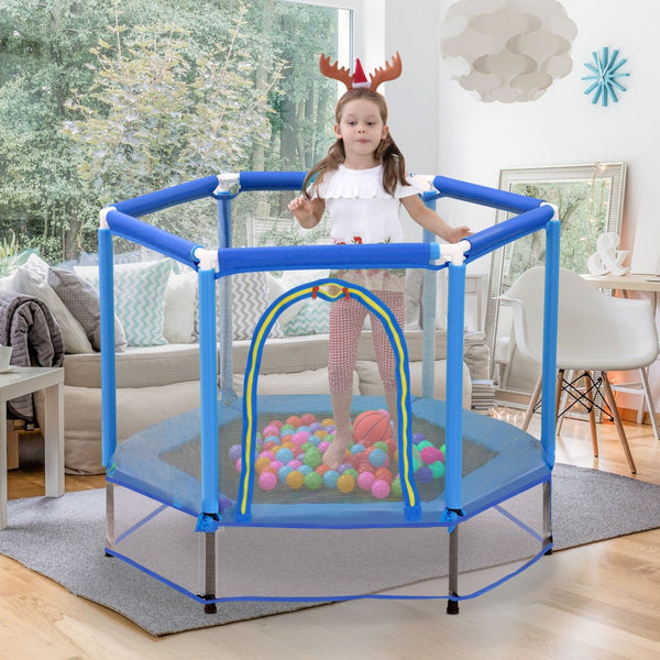 English Elm 55'' Kids Trampoline with Galvanized Steel Frame Foam Padded Enclosure and Ocean Balls Blue MX314556AAC
