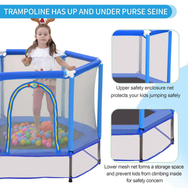 English Elm 55'' Kids Trampoline with Galvanized Steel Frame Foam Padded Enclosure and Ocean Balls Blue MX314556AAC
