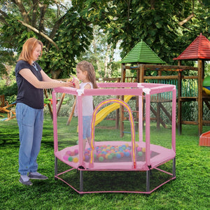 English Elm 55'' Kids Trampoline with Galvanized Steel Frame Foam Padded Enclosure and Ocean Balls Pink MX314556AAH