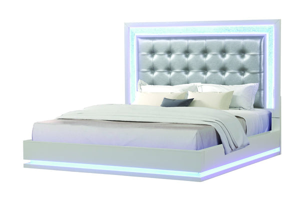 English Elm LED King Bed with Milky White Wood, Tufted Upholstered Headboard, Crystal LED Accents for Luxe Ambiance 659436497405