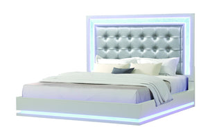 English Elm LED Queen Bed Milky White Wood Upholstered Headboard with Button Tufting, Crystal LED Accents, Luxurious Ambiance 659436057746