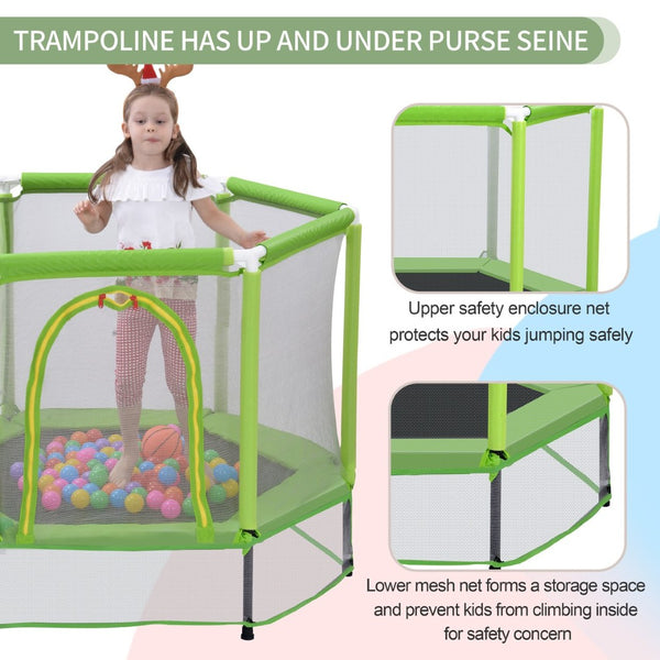 English Elm 55'' Kids Trampoline with Galvanized Steel Frame Foam Padded Enclosure and Ocean Balls Green MX314556AAF