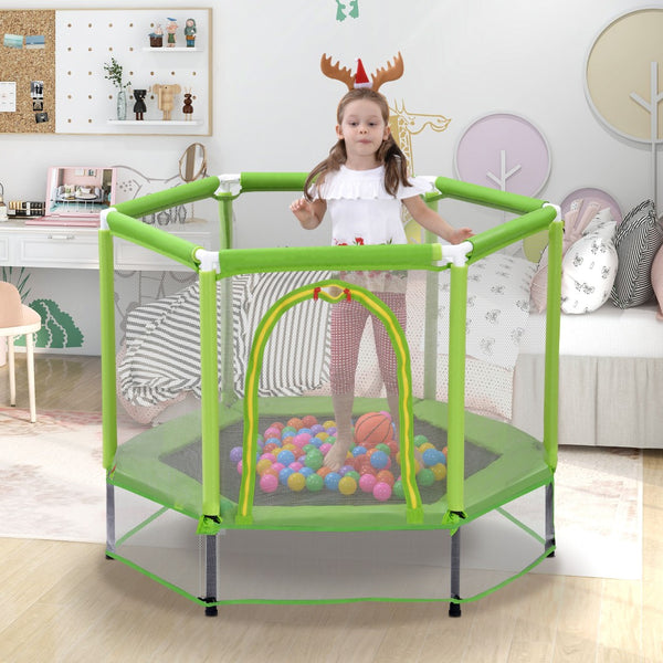 English Elm 55'' Kids Trampoline with Galvanized Steel Frame Foam Padded Enclosure and Ocean Balls Green MX314556AAF