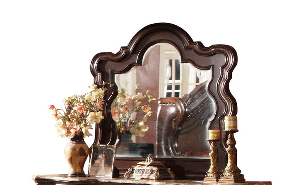 English Elm Bella Transitional 5pc King Bedroom Set in Rich Walnut with Upholstered Wing Headboard, Marble Tops B009S01605