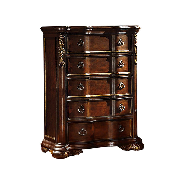 English Elm Bella Queen 5-Piece Walnut Bedroom Set with Upholstered Wing Headboard, Marble Tops, 9-Drawer Dresser B009S01606
