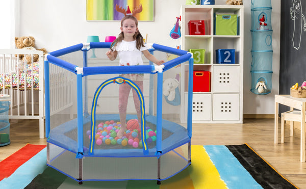 English Elm 55'' Kids Trampoline with Galvanized Steel Frame Foam Padded Enclosure and Ocean Balls Blue MX314556AAC