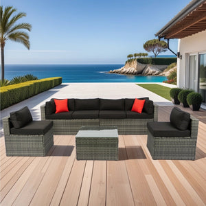 English Elm 5 PE Rattan Sectional Outdoor Sofa Set with 2 Loveseats 2 Armless Seats Table Cushions Pillows Black+Grey W329S00028