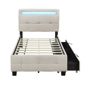English Elm Twin Upholstered Platform Bed with LED Frame, 4 Underbed Drawers, Linen Upholstery, Beige Chic SF000097AAA