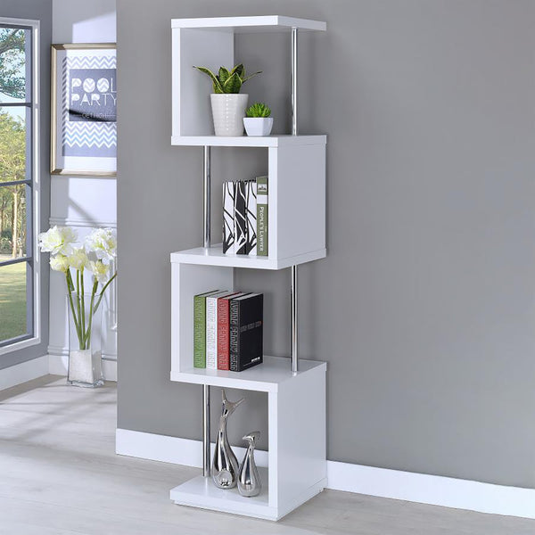 English Elm White Sinuous 4-Tier Bookcase with Chrome Accents, White & Black Finish, Slim Stacked Display Shelf Design B062P145510