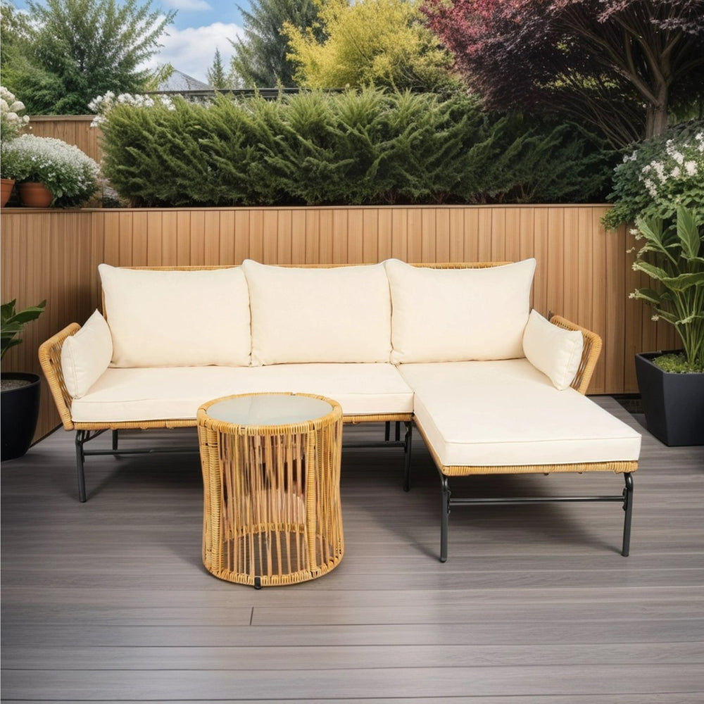 English Elm 3 Pieces Outdoor Patio Wicker Furniture Set – Light, Sturdy Metal Frame, All-Weather Wicker, 3.15" Cushions, Natural Yellow & Creme W329S00038