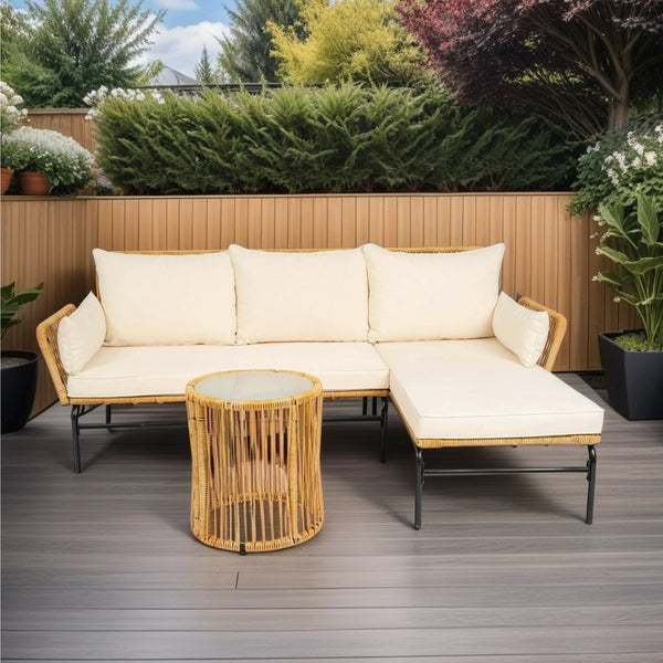 English Elm 3 Pieces Outdoor Patio Wicker Furniture Set – Light, Sturdy Metal Frame, All-Weather Wicker, 3.15" Cushions, Natural Yellow & Creme W329S00038