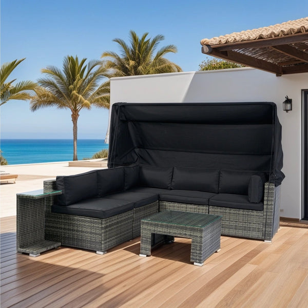 English Elm 7-Piece Patio Set w/ Retractable Canopy, Modular PE Wicker Sectional Sofa, Washable Cushions Gray W329S00029