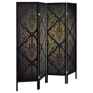 English Elm Black 4-Panel Folding Screen with Diamond Scrollwork Motif — Elegant Room Divider for Privacy & Style B062P145532
