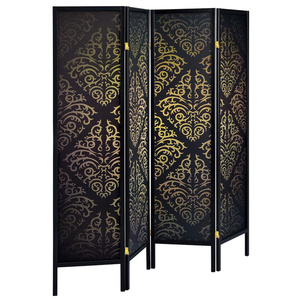 English Elm Black 4-Panel Folding Screen with Diamond Scrollwork Motif — Elegant Room Divider for Privacy & Style B062P145532
