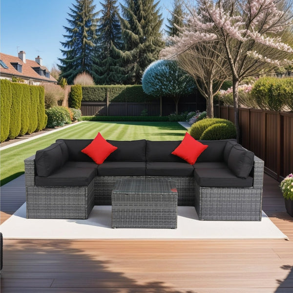 English Elm 5 PE Rattan Sectional Outdoor Sofa Set with 2 Loveseats 2 Armless Seats Table Cushions Pillows Black+Grey W329S00028