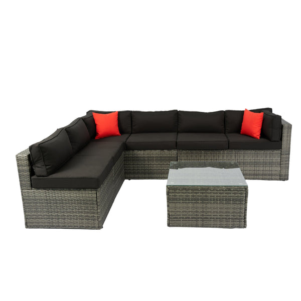English Elm 5 PE Rattan Sectional Outdoor Sofa Set with 2 Loveseats 2 Armless Seats Table Cushions Pillows Black+Grey W329S00028