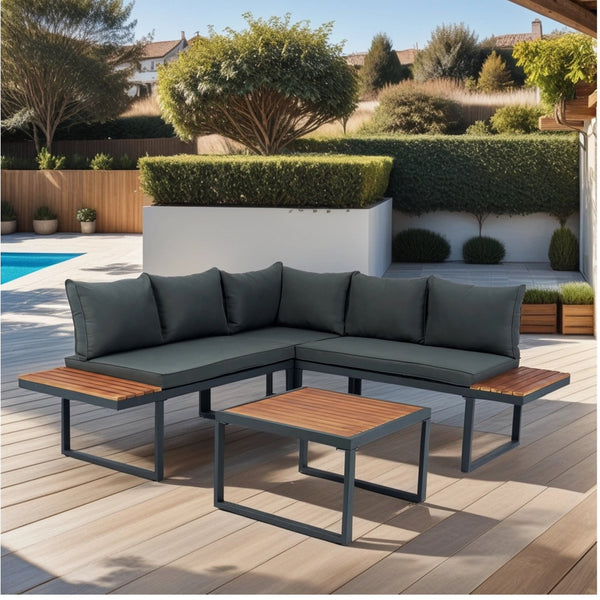 English Elm 4 Piece L-Shaped Patio Wicker Sectional Sofa Set With Dark Grey Cushions & Side Table For Outdoor Comfort W329S00031